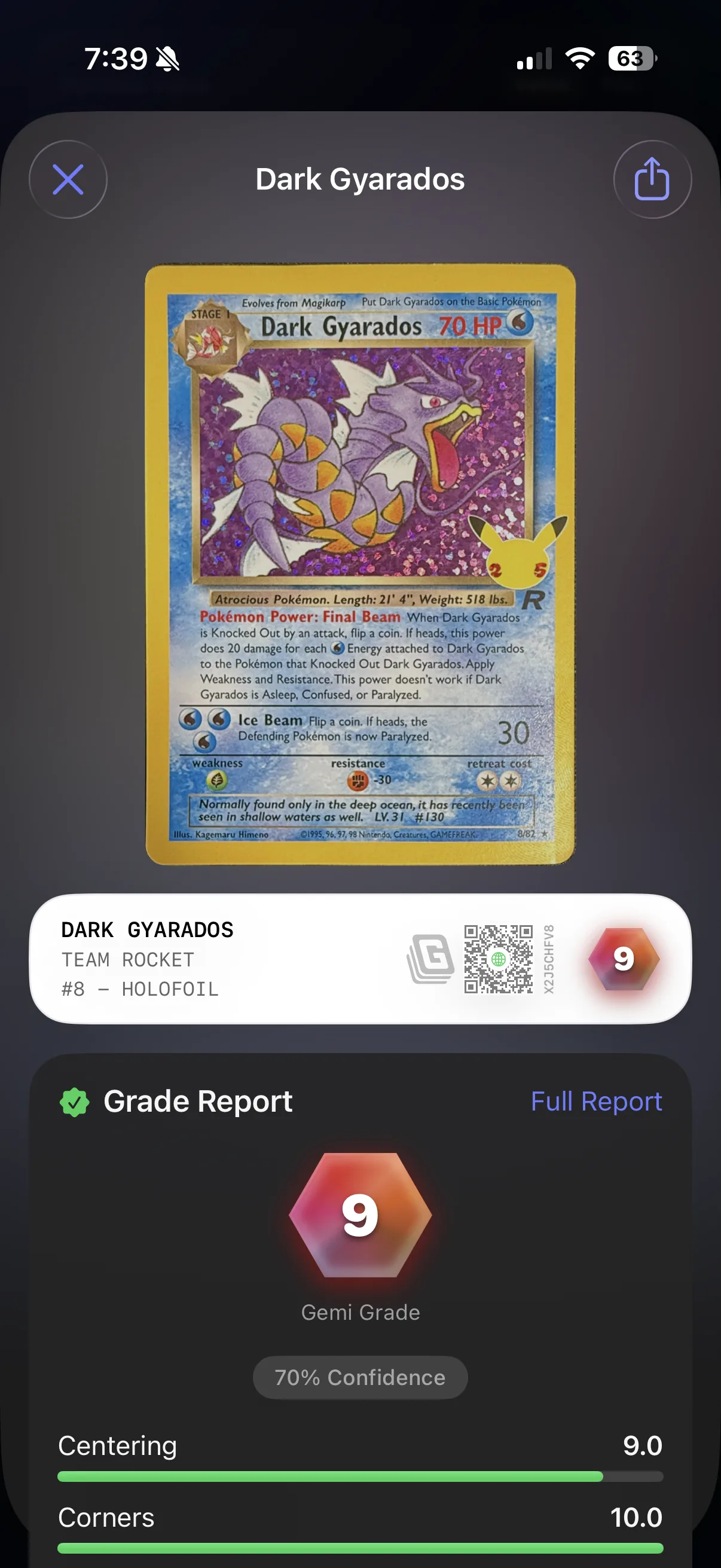 Gemiscan grade report for a Dark Gyarados card